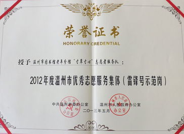 我馆 寸草寸心 志愿者服务队 荣获2012年度温州市优秀志愿服务集体